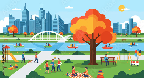Autumn park scene with people enjoying outdoor activities and city skyline