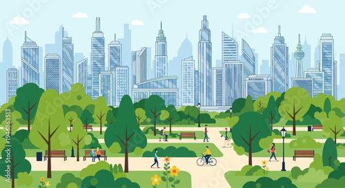 Urban Park with City Skyline: People Enjoying Nature & Recreation