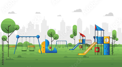 Vibrant modern playground with swings and slides in a city park setting