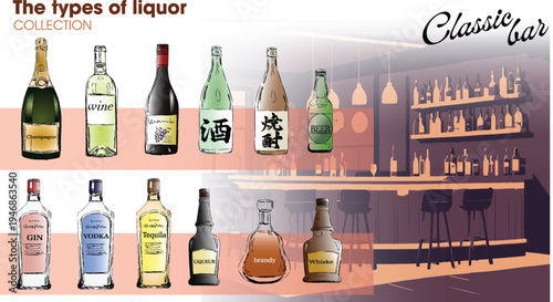 The types of liquor commonly used in bars, hand-drawn style