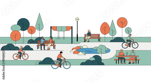 Urban Park Scene: People cycling, relaxing on benches and enjoying nature.
