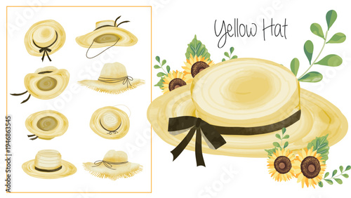 The set of yellow women's hats, hand-drawn style