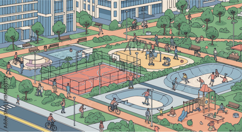 Vibrant Urban Park with Diverse Activities: Sports, Playgrounds, and Recreation