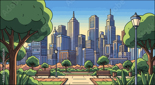 Urban park with city skyline background, cartoon style illustration, benches, trees, and lampposts
