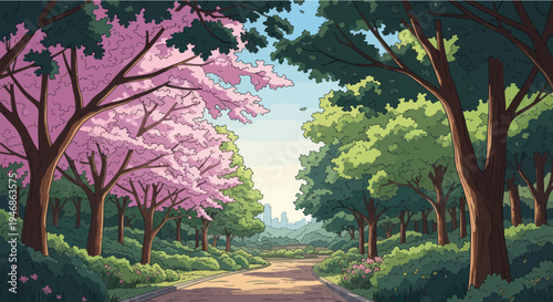 Lush park pathway lined with vibrant pink cherry blossoms and green trees, serene nature scene