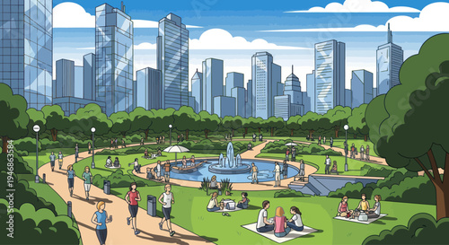 People enjoying a sunny day in a vibrant city park with modern skyscrapers in background.
