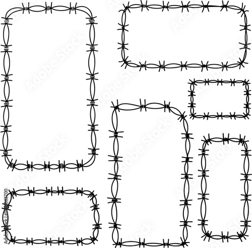 Set of black barbed wire frame silhouettes in various rectangular shapes, security fence border vector