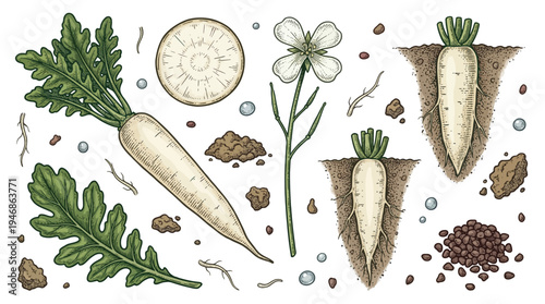 Detailed botanical illustration of daikon radish showing whole root, crosssection, flower, soil and water droplets from a side viewpoint