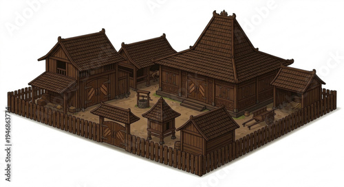 Traditional Javanese Joglo House Complex Isometric Illustration with Wooden Architecture and Fence