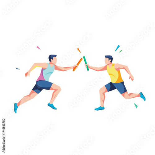 Athletic competition, two runners passing a baton during a relay race, celebrating teamwork and achievement in sports