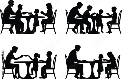 Family dinner silhouette collection, parents and children eating together, happy household mealtime scenes, love bonding moments illustration isolated white