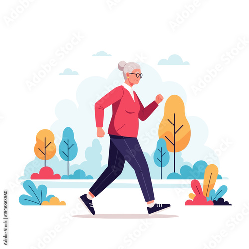 An energetic elderly woman enjoying a vibrant morning jog through a colorful park, embodying a healthy and active lifestyle in her golden years