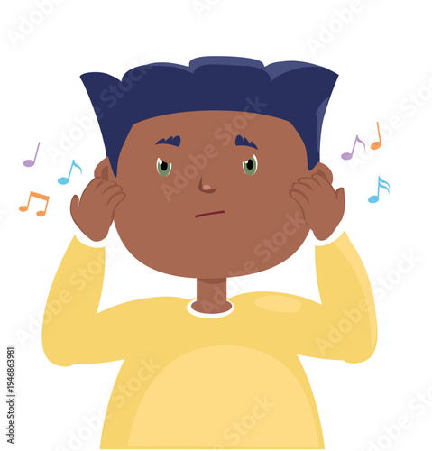 Boy listening to music, child covering ears with musical notes, sound or noise concept, cartoon vector illustration