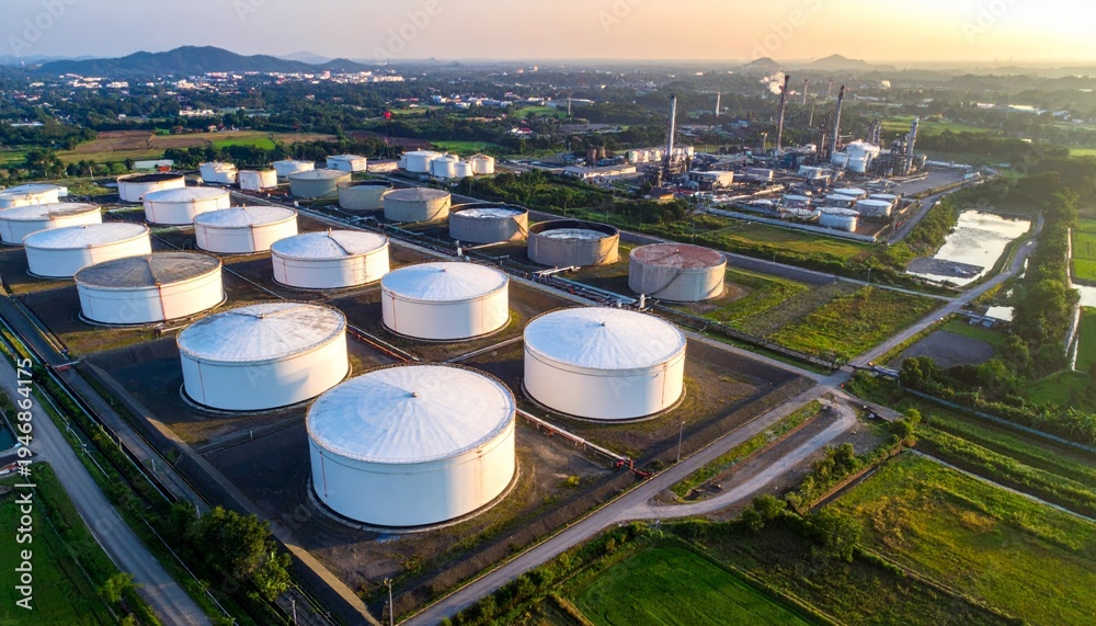 Naklejka premium Aerial view industrial storage tank farm for oil and gas or chemical