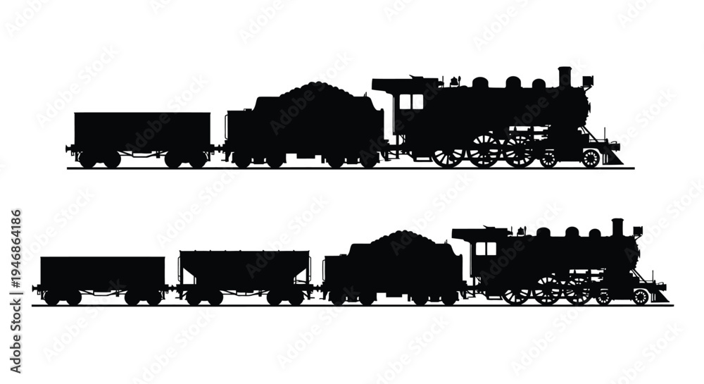 Fototapeta premium Vintage steam train with coal car presented in black silhouette