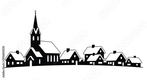 A quaint village and church rendered as a striking black silhouette