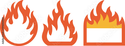 Set of fire flame silhouettes including circular and rectangular frames, vibrant orange burning vector