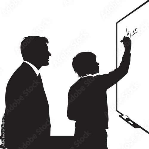Teacher student silhouette illustration writing on whiteboard vector