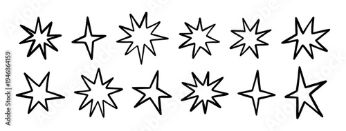 Crayon hand drawn stars, twinkle magic symbols. Shine, spark or light elements. Line art chalk sketch sparkle icons on a transparent background. Doodle black glitter sparks, vector illustration