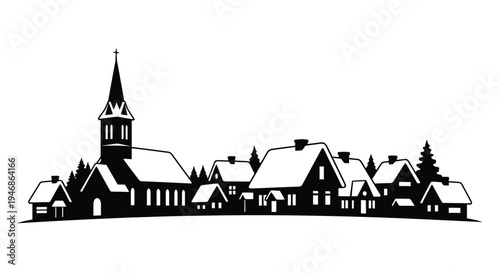 European village with church steeple and rooftops a striking silhouette