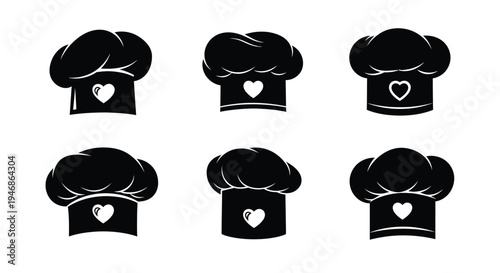 Six chef hats with heart designs a striking black silhouette