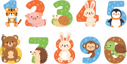 Cute animal number characters vector set with tiger pig snail rabbit penguin bear hedgehog monkey turtle cartoon kids illustration