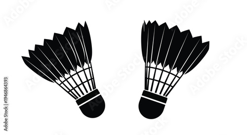 Two badminton shuttlecocks depicted in a striking black silhouette