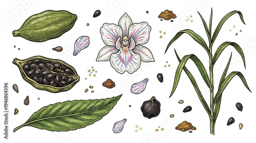 Colored vintage engraving style set of cardamom pods, seeds, orchid flower, and tropical leaves isolated on white background.
