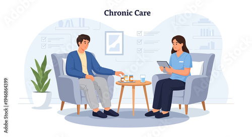Doctor consulting patient about chronic care management and medication in a modern clinic office.