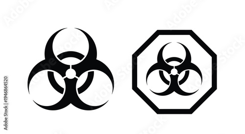 Two biohazard symbols presented in stark black and white silhouette