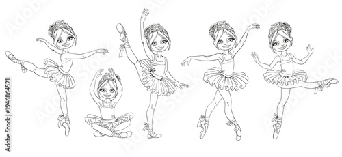 Ballerina girls dancing in ballet tutu set outlined isolated on a white background
