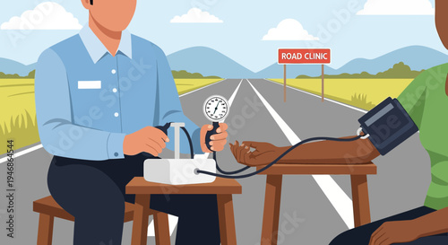 Doctor checks blood pressure at a roadside clinic, healthcare access in remote areas