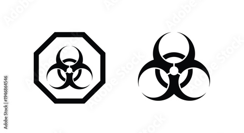 Two biohazard symbols displayed in striking black and white silhouette