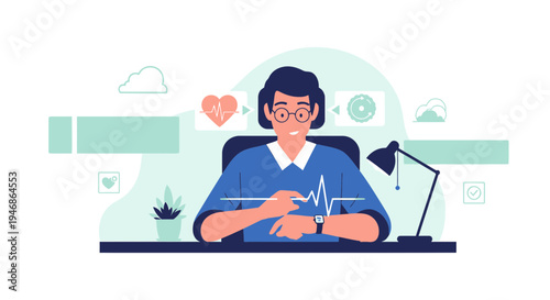 Doctor checking smartwatch for patient health monitoring, heart rate, and medical data analysis.