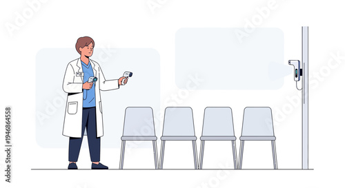 Doctor checking temperature with infrared thermometer in clinic waiting room, health screening