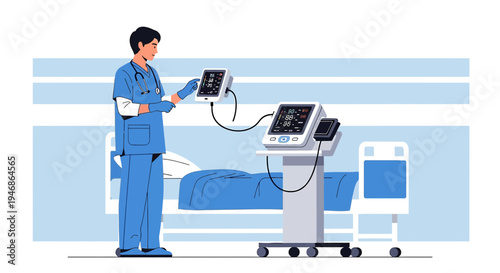 Doctor checks medical equipment in hospital room with patient bed and ventilator