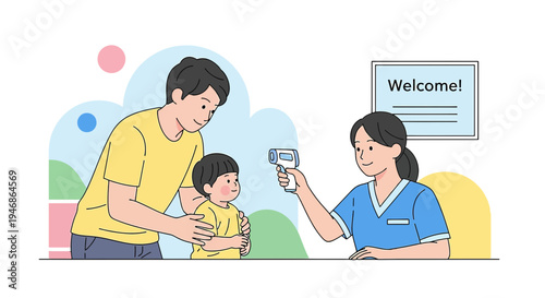 Doctor checks child's temperature with infrared thermometer, parent present, welcome sign