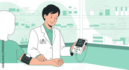 Doctor checks patient's blood pressure with digital monitor in pharmacy