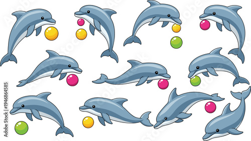 Cute dolphin cartoon vector set with jumping dolphins playing colorful balls marine animal characters ocean wildlife illustration collection