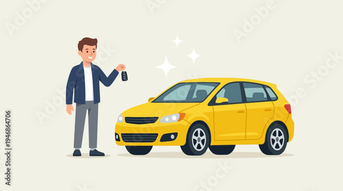 Man holding car key next to a new yellow hatchback illustration