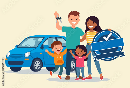 Happy Family Celebrating New Car Purchase with Keys and Seal