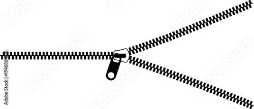 Black zipper silhouette in half open position, clothing accessories vector illustration