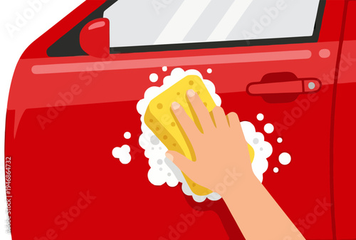 Hand Washing a Red Car with Yellow Sponge and Soap