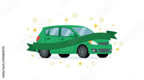Green hatchback car gift with ribbon vector illustration