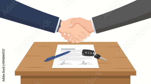 Handshake Over Signed Car Sale Contract with Keys and Pen