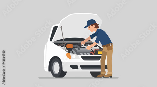 Mechanic Repairing Car Engine Flat Vector Illustration
