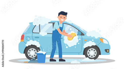 Man Washing Blue Car with Sponge Vector Illustration