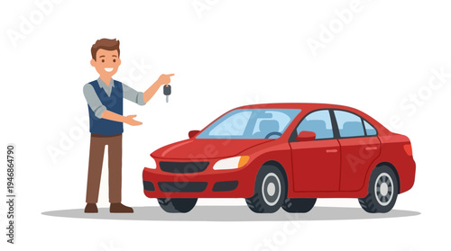 Smiling man holding car keys next to a red sedan