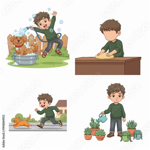 Cute Cartoon Boy Illustration Collection Doing Various Activities Set