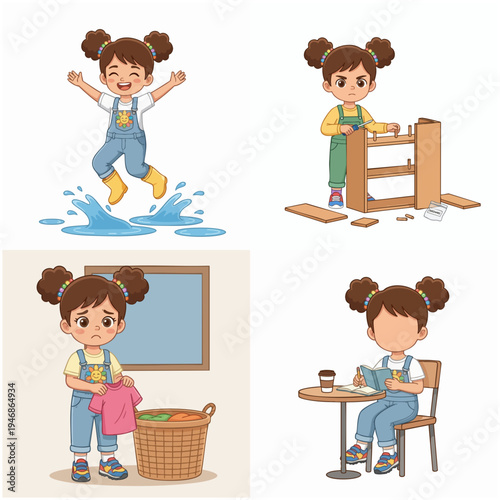Cartoon Style Little Girl Daily Activities and Expressions Illustration Set